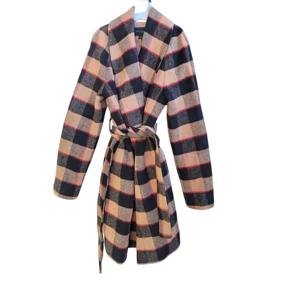 Ann Taylor Buffalo Plaid Wool Belted Shawl Collar Coat - Picture 2 of 7
